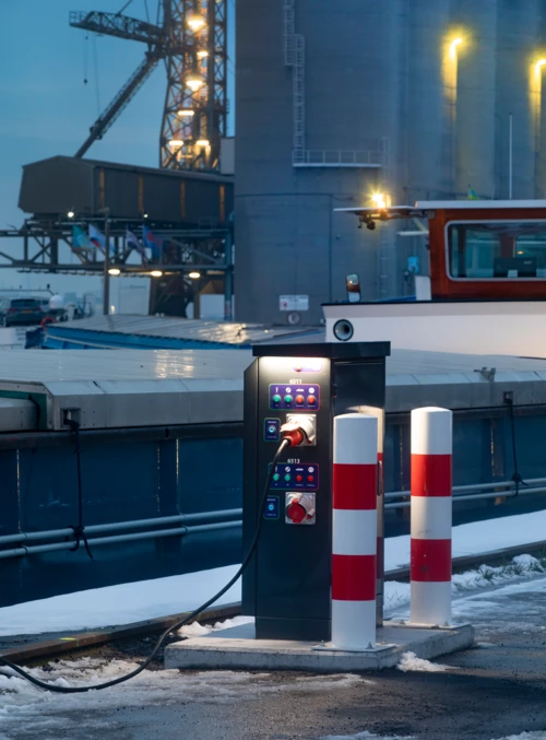 Picture of a shore power cabinet for inland vessels at the Sifferdok in North Sea Port Ghent.