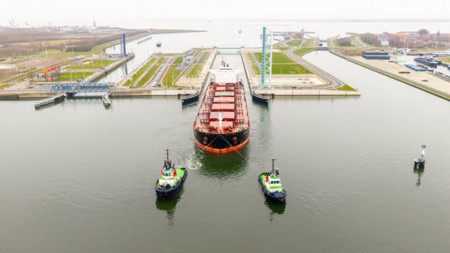 Photo of the PIAVIA ship in the New Terneuzen Lock during the wider ship trial voyage to ArcelorMittal Ghent.